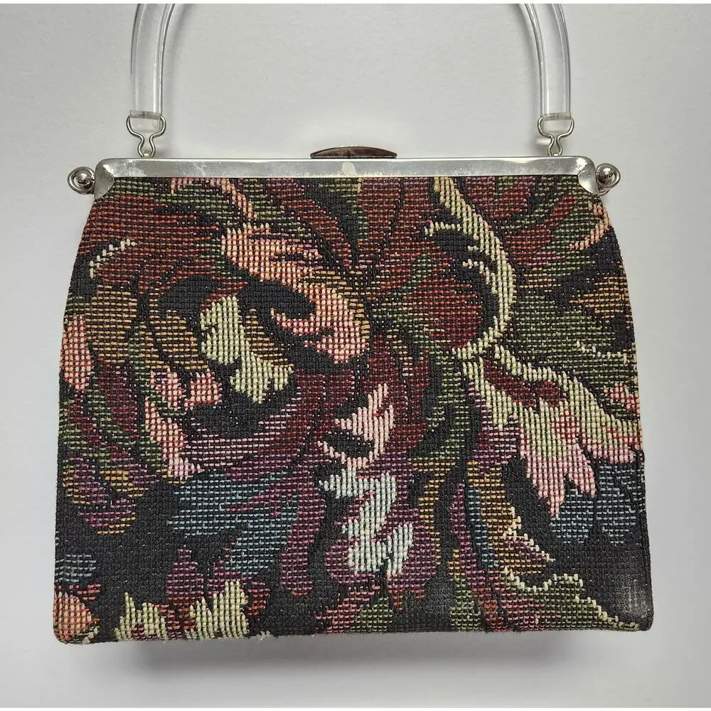 Vintage Multicolor Floral Tapestry Purse Lucite Handle Convertible Bag